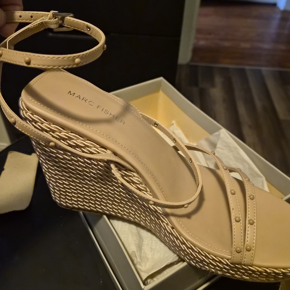 Marc Fisher Nude Braided Wedge Sandals with Studded Straps